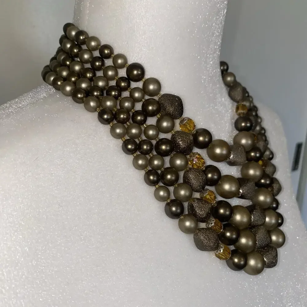 Vintage 5 Strand Statement Necklace Taupe Bronze Faux Pearl Amber Mid Century
